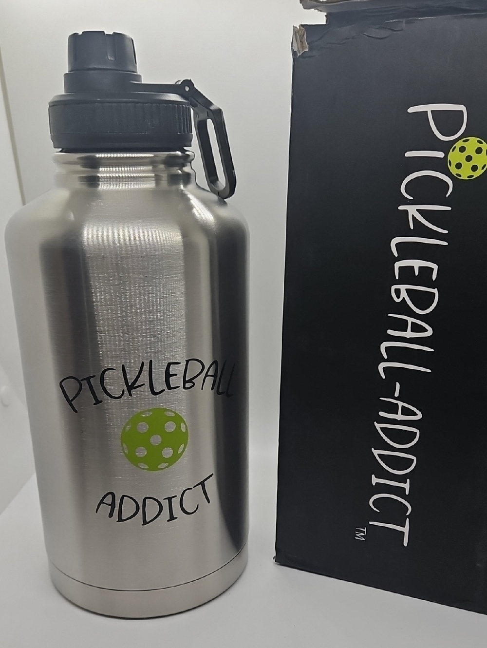 Stainless Steel Water Bottle - Silver with Green Accent Pickleball GIFT